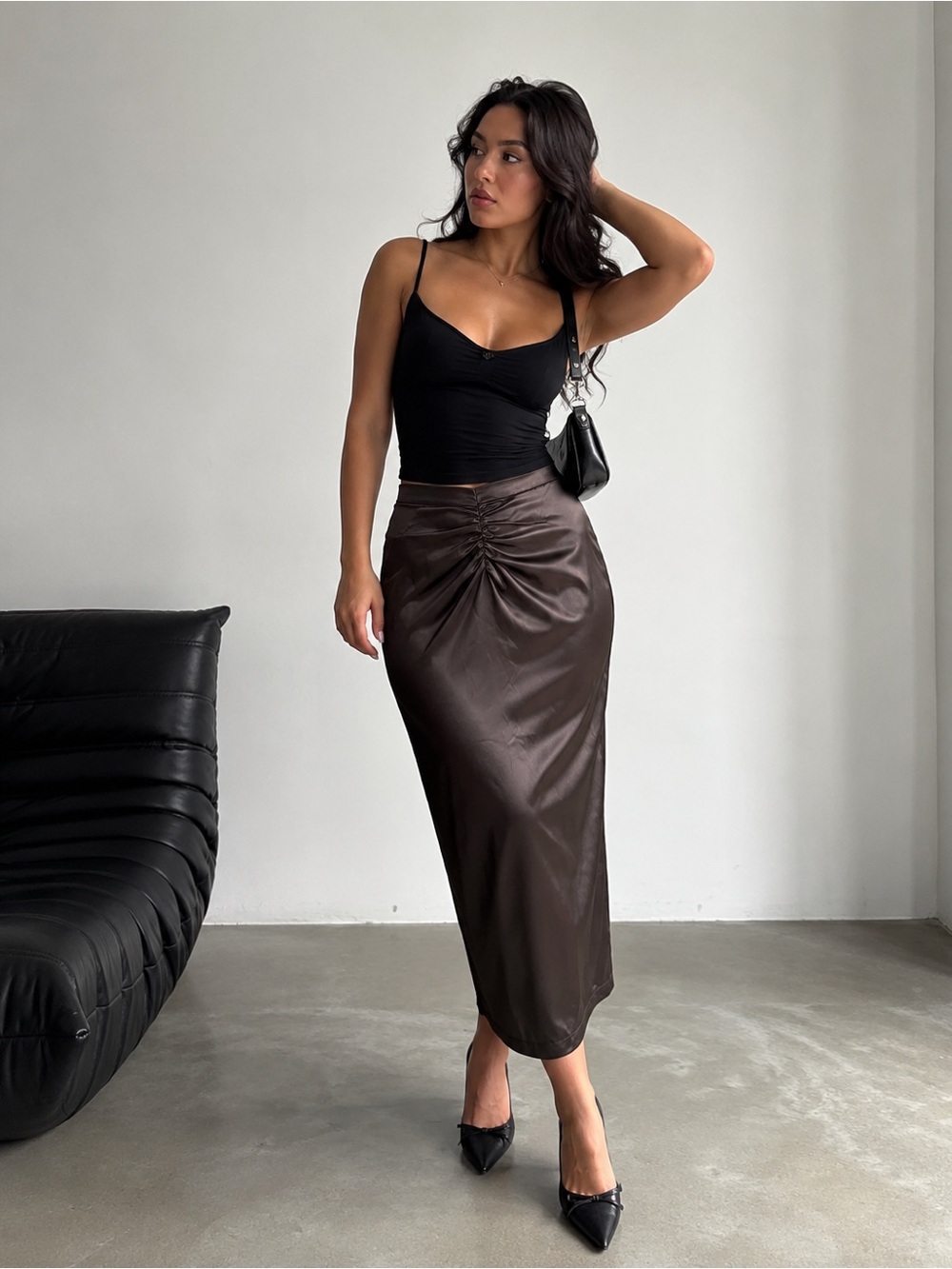Commense Size L Chocolate Brown Satin Ruched Midi Skirt Slit